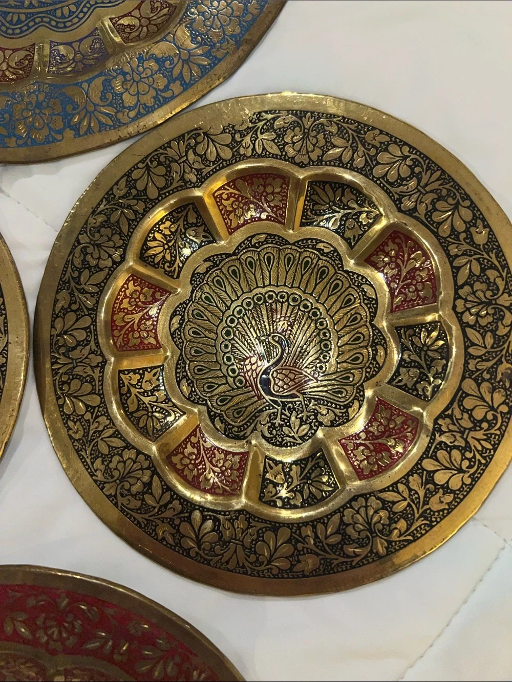 4 Decorative Peacock Brass Wall Plates. Gold w Purple, Blue, Black & Red Accents